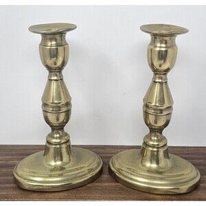 Antique Pair Victorian English Oval Plunger Push-Up Brass Candlesticks 6.5"